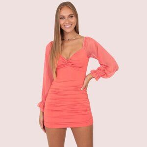 Lucy in the Sky Denise Chiffon Sheer Sleeve Dress in Coral Color and size XS